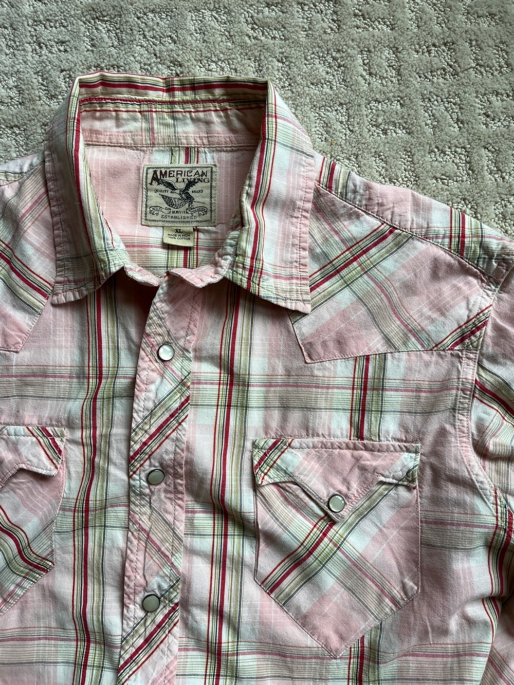 American Living Pink Plaid Western Snap Shirt